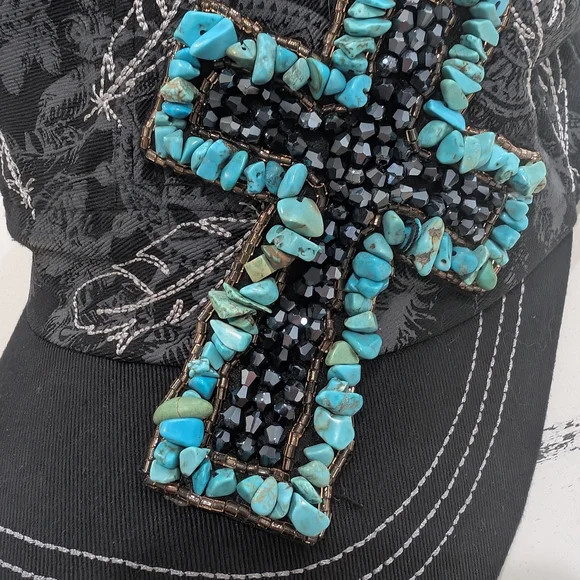 KBETHOS Black Hat with Turquoise Cross Embellishment - Picture 3 of 5